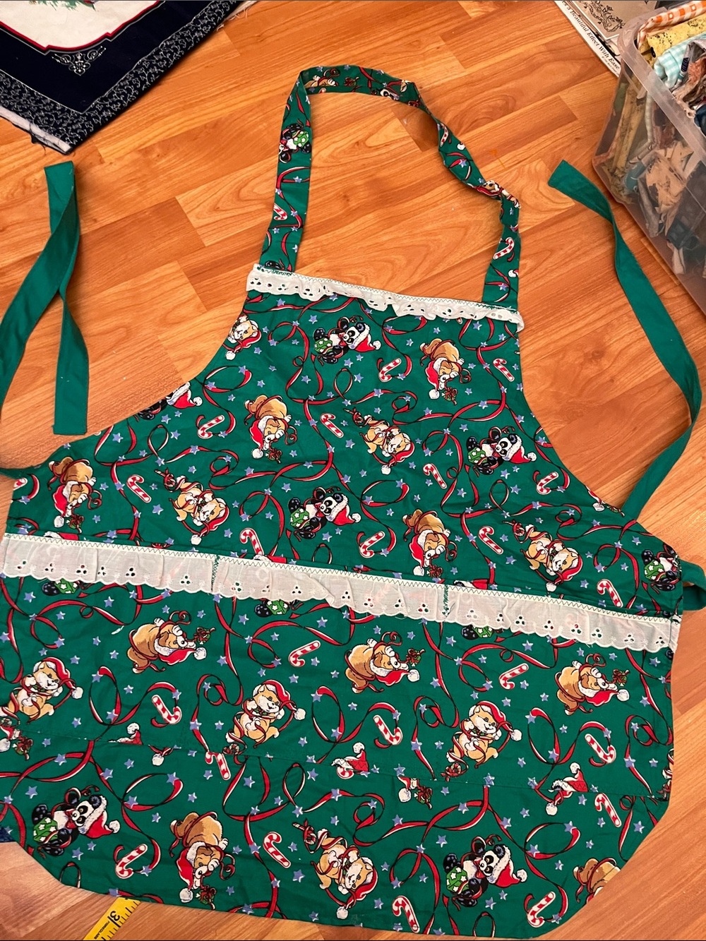 Handcrafted Holiday  Apron with Eyelet Lace Trim Cats Pandas and Puppies